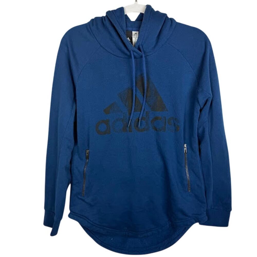 Adidas Blue Pullover Hoodie‎ Logo Zipper Pockets Athletic Women’s S Curved Hem